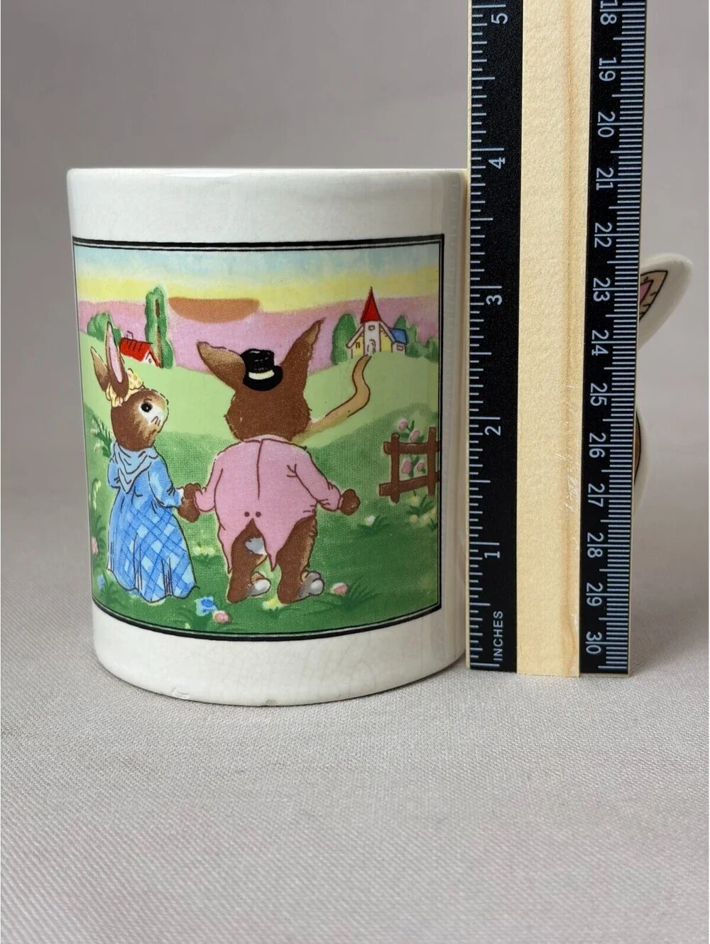 Vintage Bunny Rabbit Figural Handle Coffee Mug Easter Couple Nursery Ceramic Cup